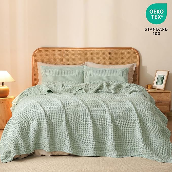 PHF 100% Cotton Waffle Weave Blanket King Size for Bed, Soft Lightweight &amp; Breathable, All-Season Comfort, Luxury Aesthetic Woven Bedding for Home Decor, 108"x90", Sage Green