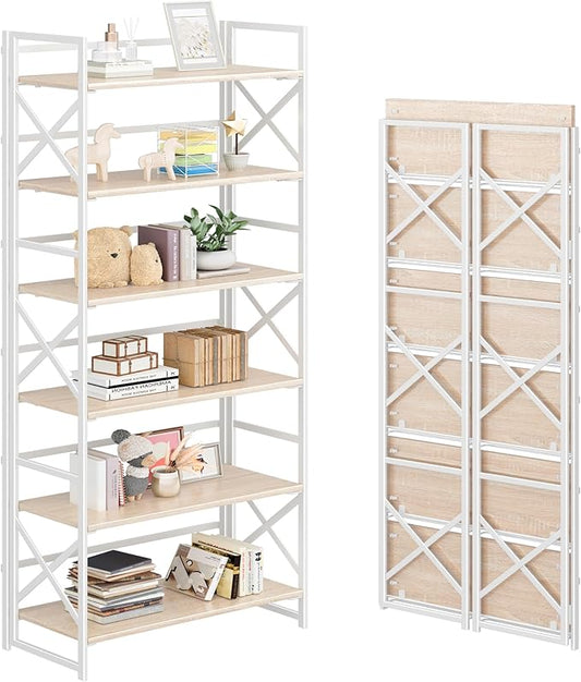 4NM 6 Tiers No Assembly Book Shelves, 61.8" H Folding Bookshelf Bookcase Open Industrial Foldable Shelves for Bedroom, Living Room, Home Office - Natural White