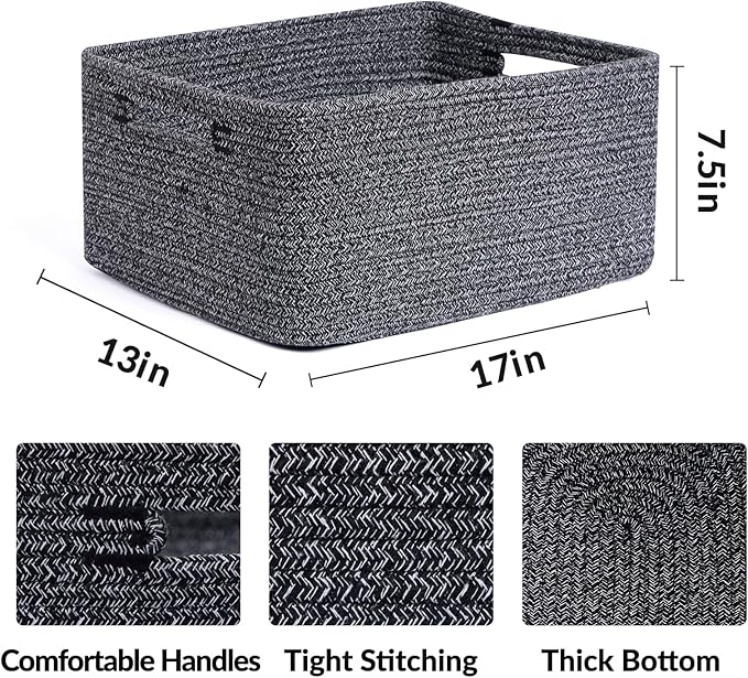 Large Storage Baskets for Shelves, Closet Organizers Bins for Clothes Blanket Towels, Baby Nursery, Toy Baskets Box, Woven Rope Baskets, 17 x 13 x 7.5”, 3 Packs Dark Gray
