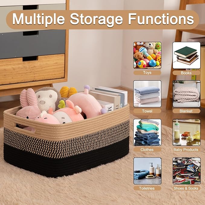 Large Storage Basket for Organizing, Woven Rope Basket for Shelves, Closet Organizer Bins for Clothes, Blanket, Toys, Baby Nursery Storage, 17.7" x 13" x 7.87", 2 Packs Black &amp; Brown