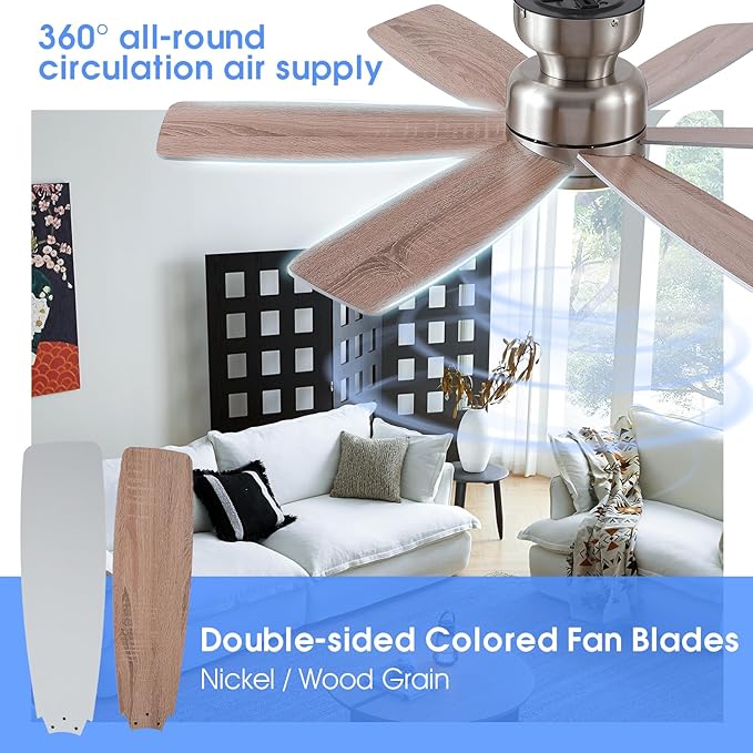 46 inch Ceiling Fans with Lights and Remote/APP Control, Low Profile Ceiling Fan with Light, Flush Mount, 3CCT, 6 Reversible Blades 6 Speeds Modern Ceiling Fan for Bedroom Living Room, Nickel