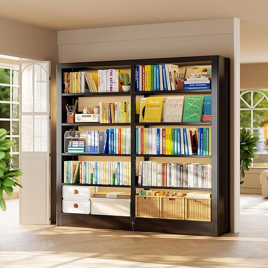 Bookshelf, 5-Tier Metal Sturdy Bookcase,71" H Tall Black Bookcase with Adjustable Shelves, Heavy Duty Storage Bookshelves and Bookcases for Living Room, Library, Home Office(Black, 73" W)