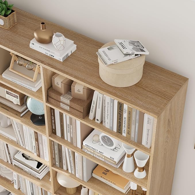 83.6" Tall Bookshelf and Bookcase, 7-Tier Extra Large Bookshelf with Double Storage, 14 Open Display Shelves for Home Office, Study and Living Room, Light Oak