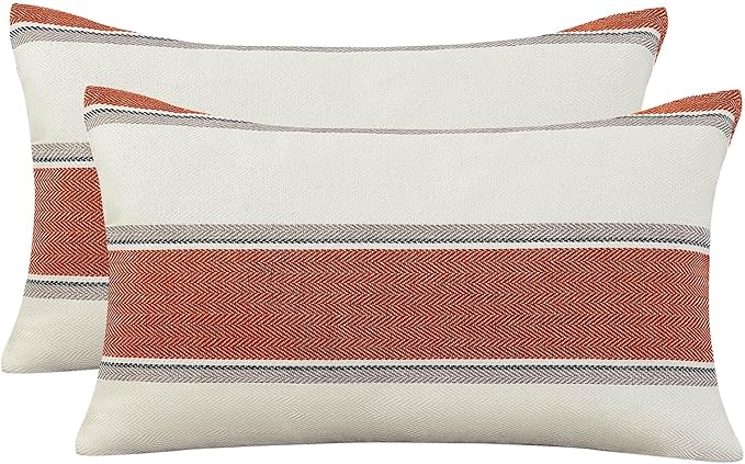 AmHoo Pack of 2 Farmhouse Linen Throw Pillow Cover Cushion Stripe Decoration Buffalo Retro Pillowcase with Hidden Zipper for Sofa Bedroom Car 12 x 20 Inch Burnt Orange