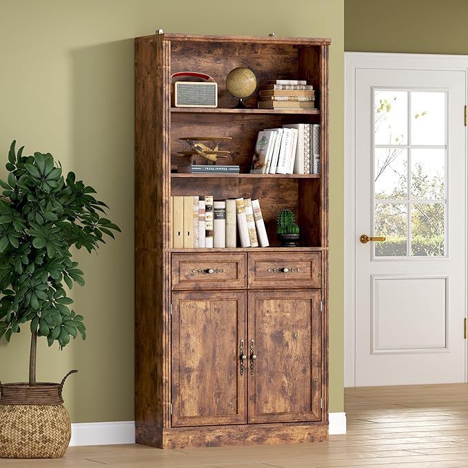 71.4" Tall Bookshelf with Drawers &amp; Cabinet, 5-Tier Floor Standing Bookcase with Storage Doors, Adjustable Shelves &amp; Metal Handles, 31.5" Wide Organizer for Home Office, Living Room