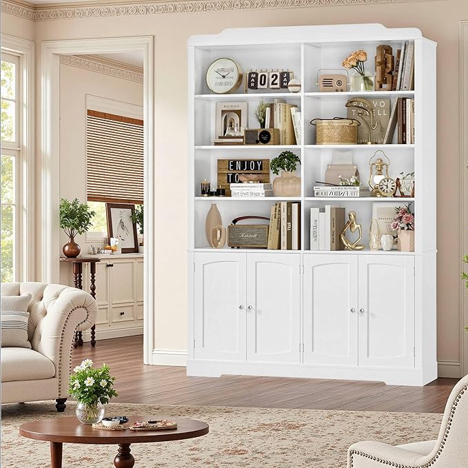 73.1" Tall Bookcase and Bookshelf, Wide Bookshelf with Doors and Adjustable Shelves, 6 Tier Large Bookshelf with Storage, Tall Storage Cabinet for Living Room, Home Office, White