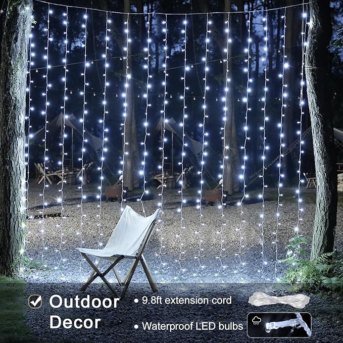 JMEXSUSS 300 LED 9.8x9.8Ft Curtain Lights Indoor with Remote, White Christmas Lights Plug in, 8 Modes White String Lights for Bedroom Wall Wedding Reception Dorm Party Backdrop Window Outdoor Decor
