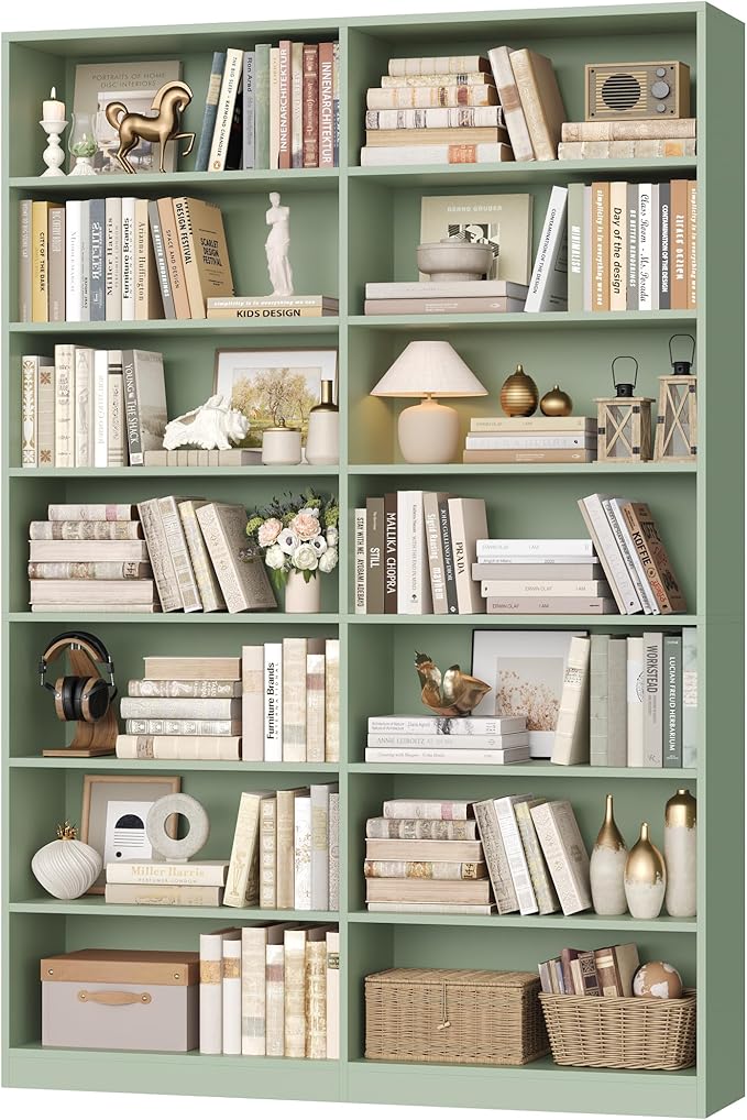 83.6" Tall Bookshelf and Bookcase, 7-Tier Extra Large Bookshelf with Double Storage, 14 Open Display Shelves for Home Office, Study and Living Room, Green