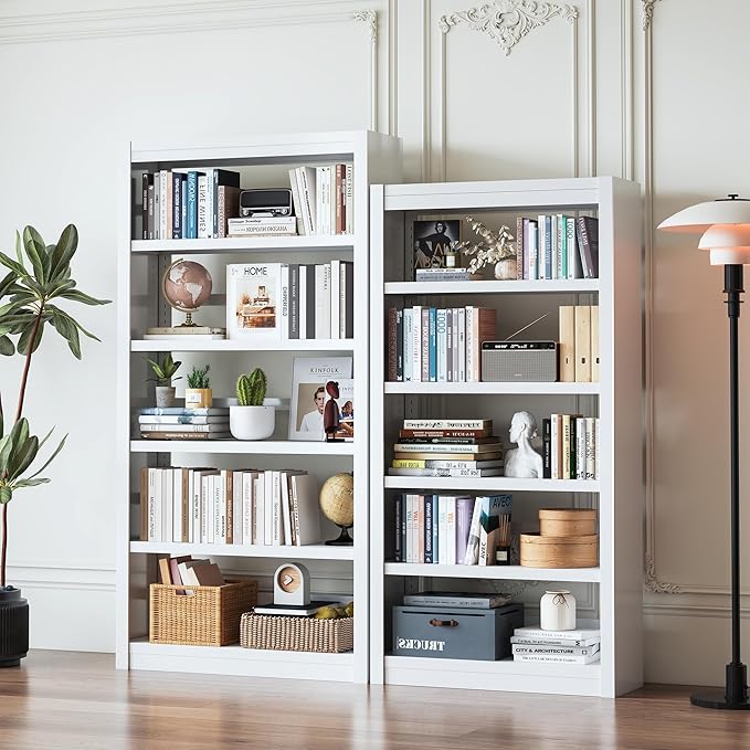 61" H Metal Bookshelf, 5 Tier Adjustable Bookshelf, White Small Bookcase, Bedroom Bookshelfs and Bookcases, Modern Book Shelf for Living Room, Office, Easy Tool-Free Assembly