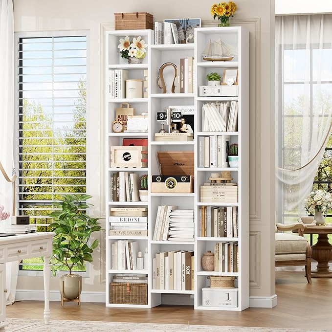 FOTOSOK 71’’White Bookshelf, Triple Wide Bookshelf with Adjustable Shelves, 8 Tier Media CD DVD Storage Tower Rack, Diaplay Cabinet Shelf, Tall Bookcase for Home Office, White