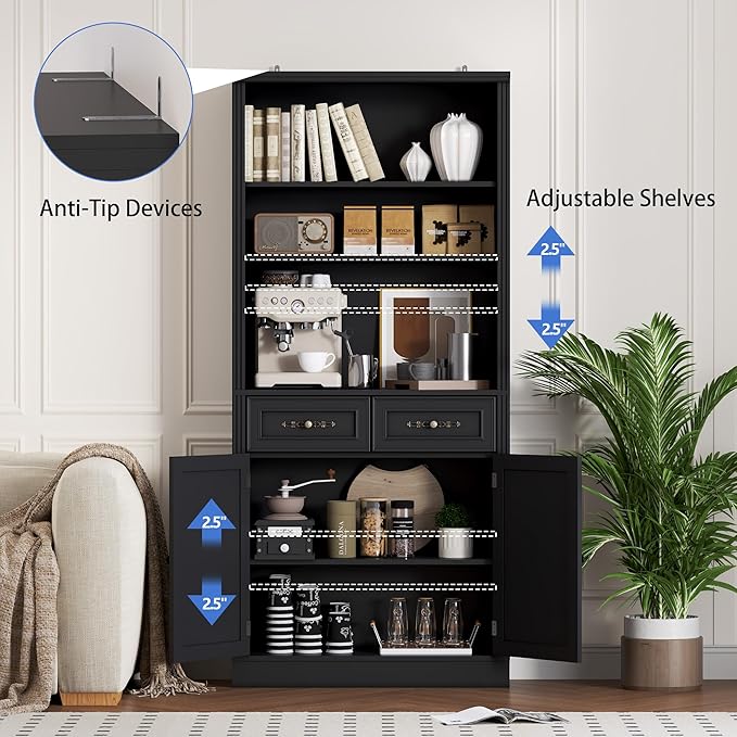 71.4" Tall Bookshelf with Drawers &amp; Cabinet, 5-Tier Floor Standing Bookcase with Storage Doors, Adjustable Shelves &amp; Metal Handles, 31.5" Wide Organizer for Home Office, Living Room