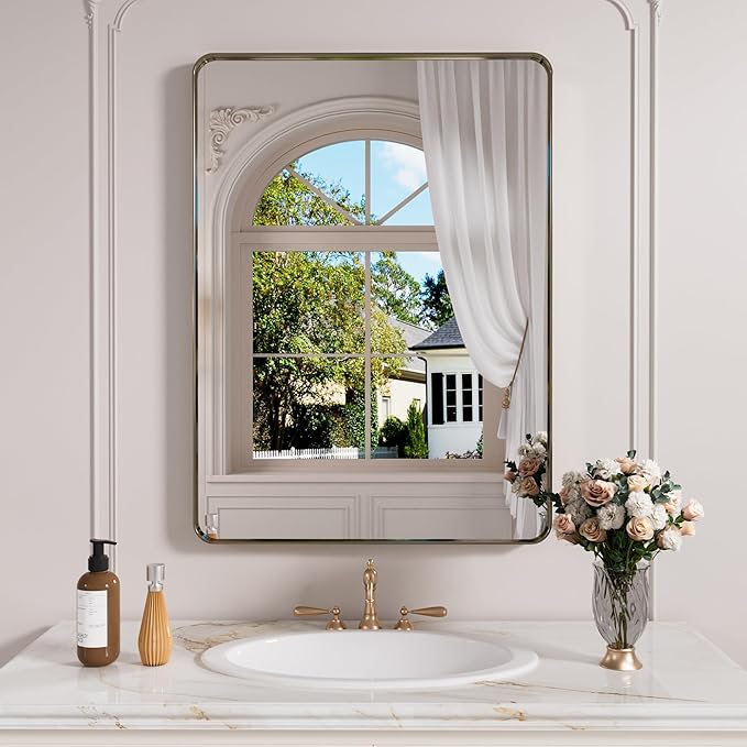 Bronze Bathroom Mirror 24x36 Inch, Brushed Bronze Metal Frame Mirror for Wall, Rounded Rectangle Bathroom Vanity Mirror with Tempered Glass, Anti-Rust, Horizontal/Vertical