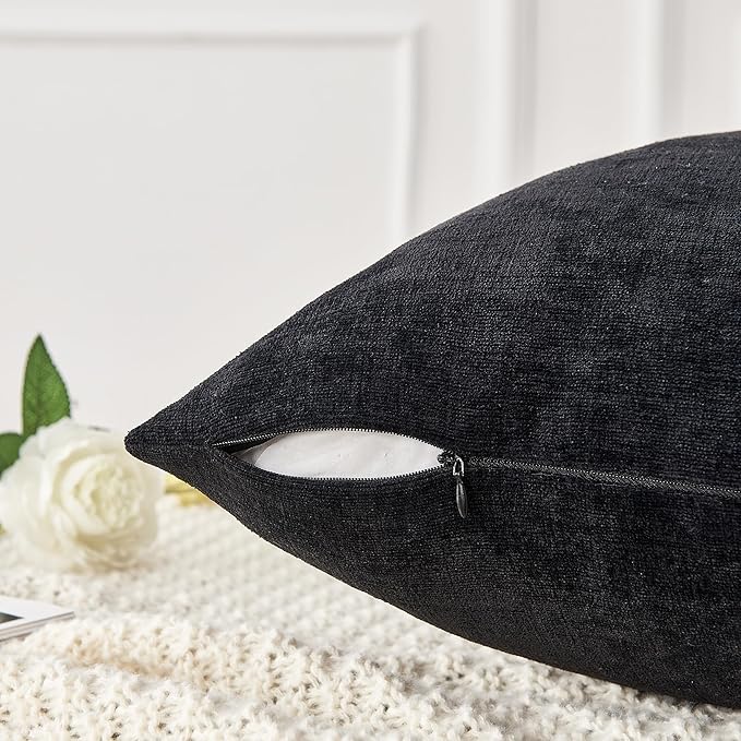 GAWAMAY Decorative Square Throw Pillow Covers 20"x20" Inch Set of 2, Super Soft Chenille Pillows Farmhouse Fall Pillowcase for Living Room Bedroom Sofa Couch Cushion Cover Black 50x50cm (No Insert)