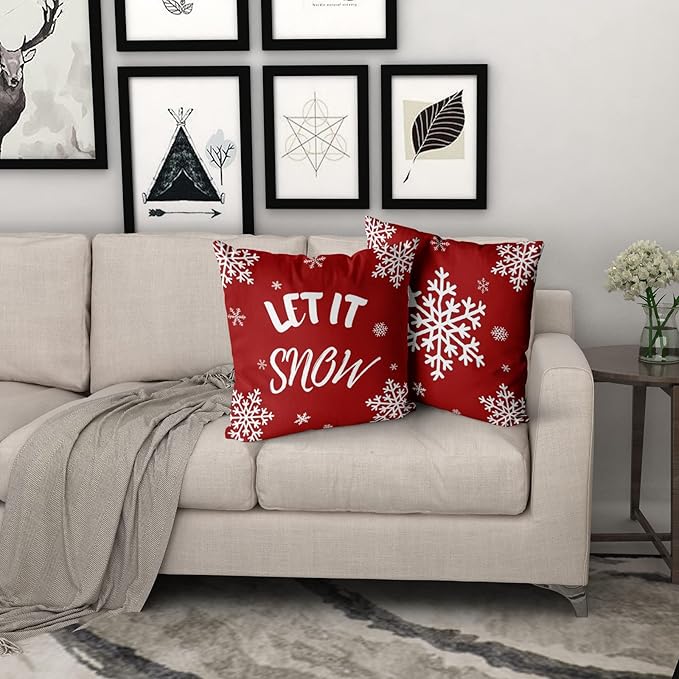 Giwawa Happy Winter Throw Pillow Covers Set of 2 Let It Snow Snowflake Red Merry Cotton Pillowcase Personalized Cushion Cover Room Bedroom Sofa Decoration Square 18×18 inchess