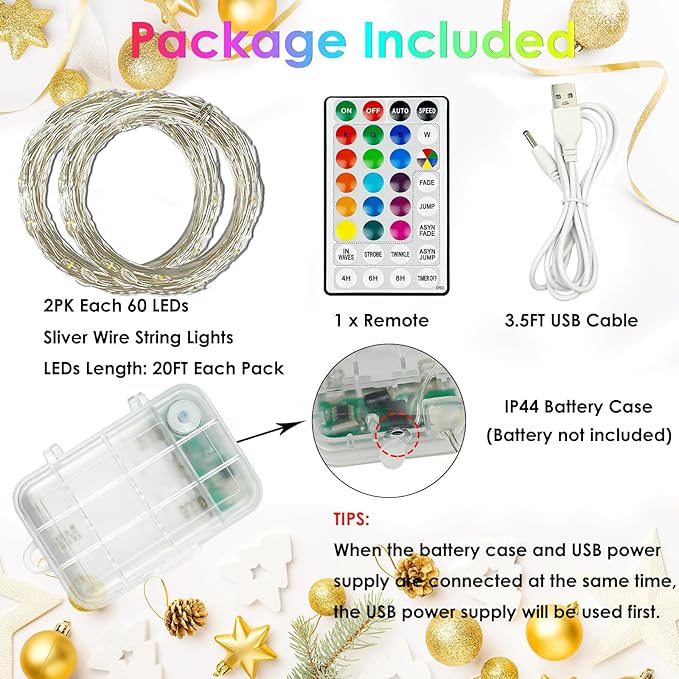 2 Pack Each 20FT 60LED Fairy Lights Battery Operated, RGB Color Changing String Lights, Indoor & Outdoor Battery Twinkle Light with Timer and Remote for Bedroom Wedding Birthday Halloween Decorations