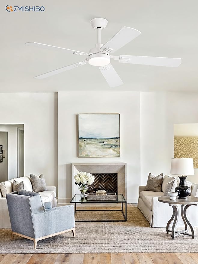 ZMISHIBO 52" Ceiling Fans with Lights, White Modern Ceiling Fan with Remote, bedroom Indoor Ceiling Fan with Dual Finish Blades, Quiet & Strong Motor, Bright LED Light.