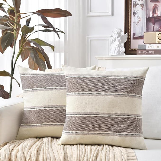 AmHoo Pack of 2 Farmhouse Linen Throw Pillow Cover Cushion Stripe Decoration Buffalo Retro Pillowcase with Hidden Zipper for Sofa Bedroom Car 20 x 20 Inch Brown