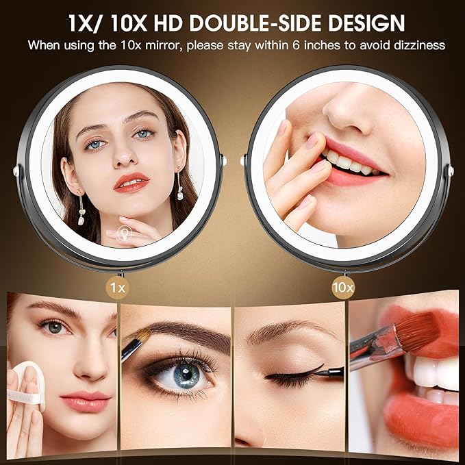 Wall Mounted Lighted Makeup Mirror, 8" Rechargeable Double-Sided Light up Magnifying Mirror 1x/10x,3 Color Led Vanity Mirror with Lights,Touch Dimmable 360° Rotation Foldable-Black