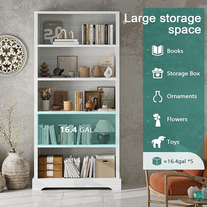 TVU 5-Tier Wooden Book Shelf, 65" Tall Bookshelf with Storage, Floor-Standing Display Bookcase, Farmhouse Style Bookshelf with Arched Base, Suitable for Living Room, Study, Office, Antique White