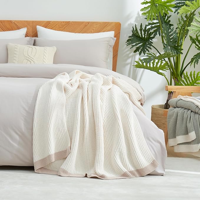 Amélie Home Waffle Throw Blanket for Couch, Soft Cozy Chenille Knit Blanket Warm Decorative Throw for Sofa,50"x60", Ivory