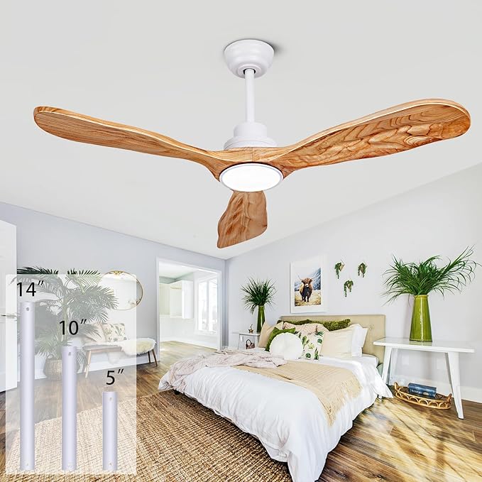 Ceiling Fans with Lights and Remote,52 Inch Unique Wood Ceiling Fan with Noiseless Reversible DC Motor,3 Blades,3 Downrods, for Farmhouse,Patio Living Room,Bedroom,Office,Indoor Outdoor(White+Wood)