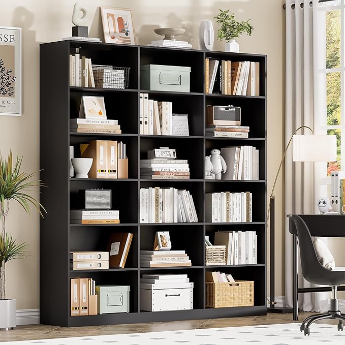 71.6” Tall Bookshelf, Black Bookcase with 18 Shelves, Triple Row Freestanding Display Storage Shelvesm, 2 PC 6 Tier Wide Book Case for Bedroom Living Room Home Office