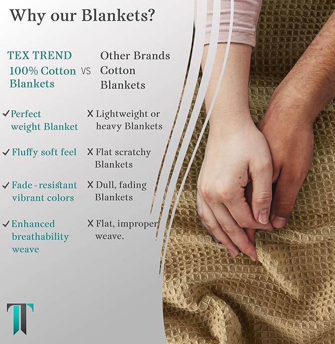 Tex Trend 100% Cotton Blanket – Soft and Breathable Twin XL Waffle Blanket – All Season Comfort – Suitable for Bed Layering, Sofa, Couch - Khaki (60”x90”)