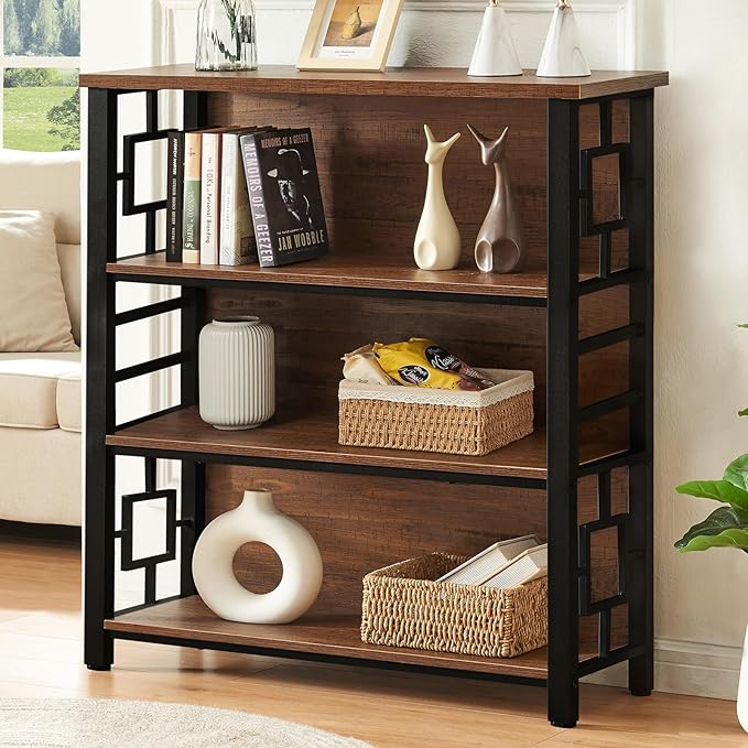 HOMISSUE Book Shelf, 4 Tier Deep Bookshelf with Storage, Engineered Wood and Metal Shelf Bookcase, Low Short Bookcases for Small Space, Living Room, Bedroom, Office, Rustic Brown