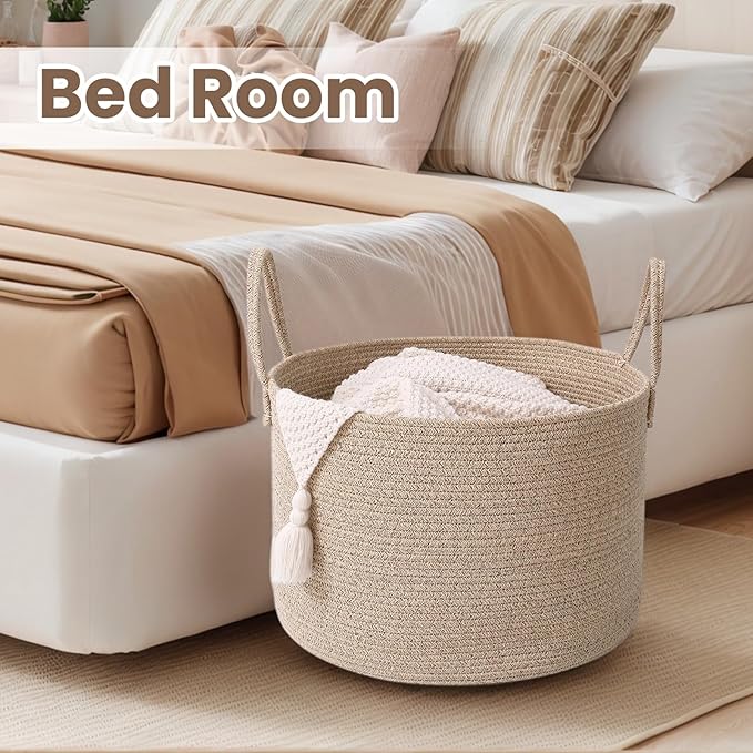Woven Blanket Basket,65L Large Rope Storage Bin with Handles, Organizer for Blankets Toys Book and Clothes, Laundry Basket for Living Room Bedroom Nursery,Oatmeal