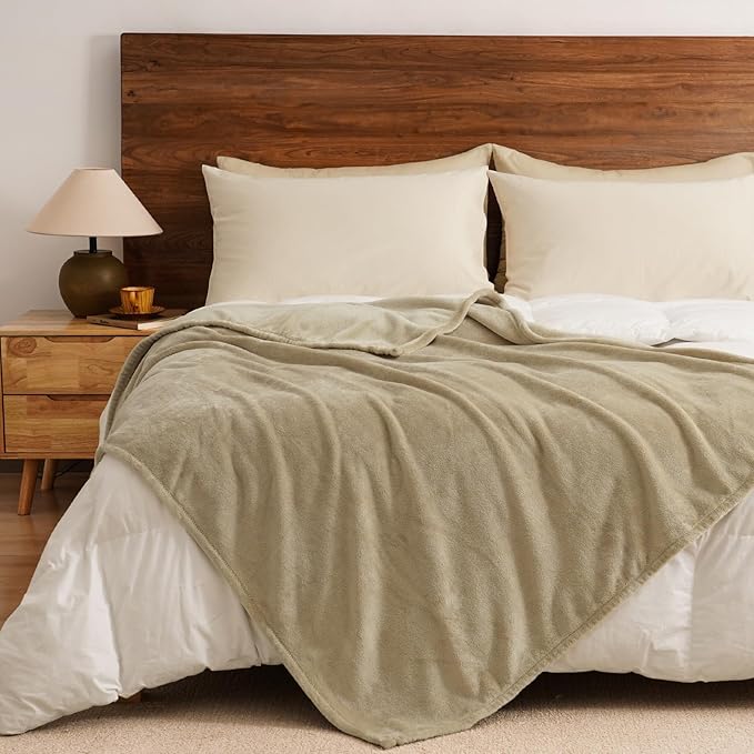 PHF Ultra Soft Fleece Throw Blanket, No Shed No Pilling Luxury Plush Cozy 300GSM Lightweight Blanket for Bed, Couch, Chair, Sofa Suitable for All Season, 50" x 60", Khaki