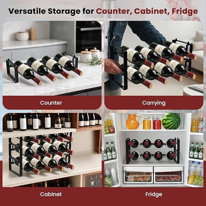 Small Wine Rack for 8 Bottles – Expandable &amp; Stackable Metal Wine Rack for Cabinet, Countertop, Floor, or Small Spaces – Compact Wine Storage Shelf for Kitchen, Bar, or Pantry (2 Tier, Black)