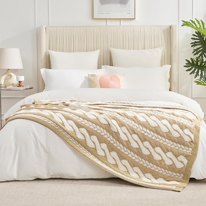 Amélie Home Cable Knit Throw Blanket for Couch, Bicolour Super Soft Cozy Fuzzy Plush Throws for Sofa, 50" x 60", Cable Beige &amp; White