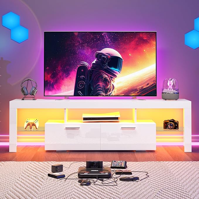 71 inch Modern High Gloss LED TV Stand with Storage for 55 60 65 70 75 80 inch TV, Gaming Entertainment Center for PS5, TV Cabinet with Glass Shelves for Living Room, Bedroom, White