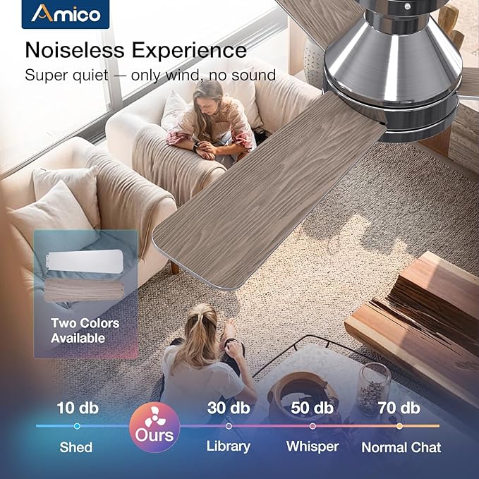 Amico Ceiling Fans with Lights, 42 inch Low Profile Ceiling Fan with Light and Remote Control, Flush Mount, Reversible, 3CCT, Dimmable, Noiseless, Nickel Ceiling Fan for Bedroom, Indoor/Outdoor Use