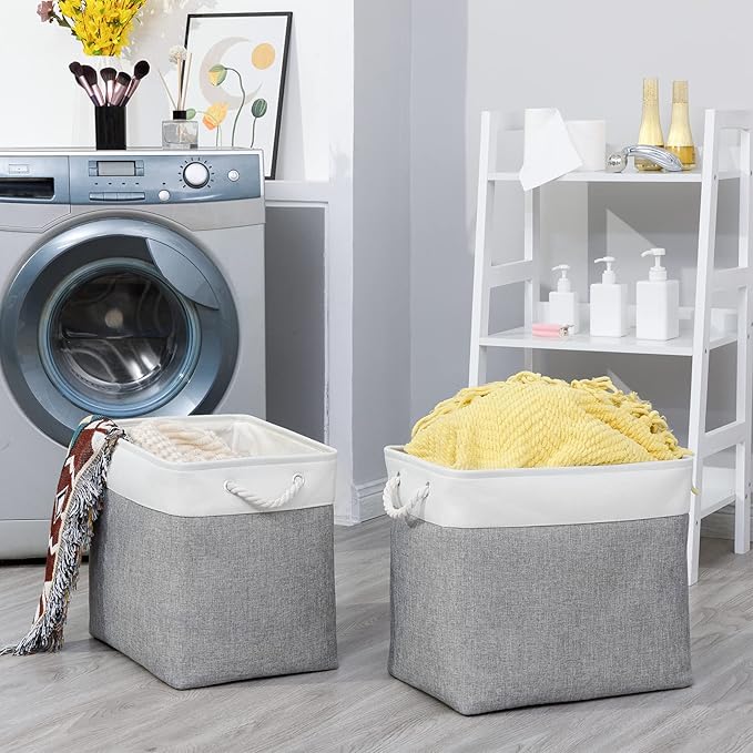 Bidtakay Large Storage Bins for Clothes Fabric Deep Baskets for Organizing Set of 2 Gray Fabric Pantry Storage Bins for Hallway Living Room Blankets 17x12x15 in Extra Large Shelf Tote Baskets