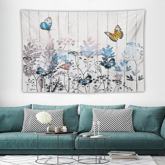 Nature Dandelion Tapestry,Rustic Floral Wood Plank Butterfly Theme Print Tapestries for Living Room Party Beach Picnic Blankets Tablecloths Wall Decor, 60x90 in