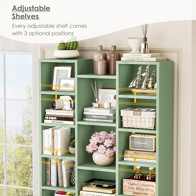 FOTOSOK 71'' Tall Bookshelf, Triple Wide Bookshelf with Adjustable Shelves, 8 Tier Media CD DVD Storage Tower Rack, Diaplay Cabinet Shelf, Cube Storage Organizer Shelf for Home Office, Green