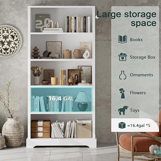 TVU 5-Tier Wooden Book Shelf, 65" Tall Bookshelf with Storage, Floor-Standing Display Bookcase, Farmhouse Style Bookshelf with Arched Base, Suitable for Living Room, Study, Office, White