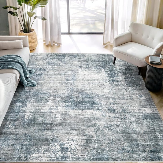 Modern Abstract Washable Area Rug - 6x9 Large Living Room Rugs Soft Stain Resistant Non-Slip Low Pile Foldable Neutral Carpet for Indoor Bedroom Dining Room Home Studio Office - Blue/Grey