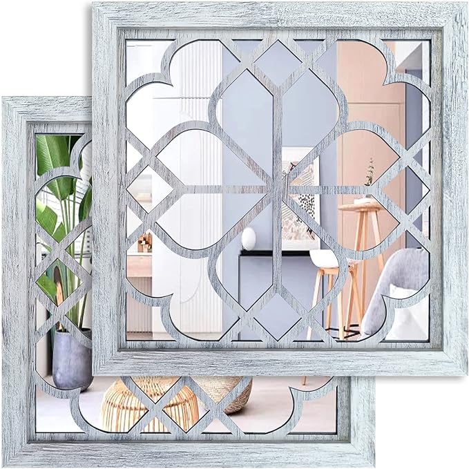Wocred 2 PCS Square Wall Mirror,Gorgeous Rustic Farmhouse Accent Mirror,Rustic White Color Entry Mirror for Bathroom Renovation,Bedrooms,Living Rooms and More(12”x12”)