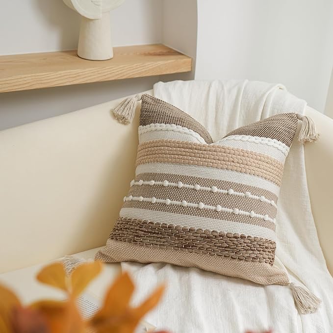 Fall Brown Decorative Throw Pillow Cover 18x18 Square Boho Accent Pillowcase Tassels Farmhouse Cushion for Couch Sofa Bedroom Livingroom Home Décor Cover ONLY (Pack of 1)