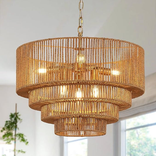 19.7" Hand-Woven Rattan Chandelier Vintage Farmhouse 6-Lights Boho Bamboo Chandeliers Light Fixture Retro Drum Wicker Rattan Golden Chandelier for Dining Room, Kitchen Island, Bedroom, E12