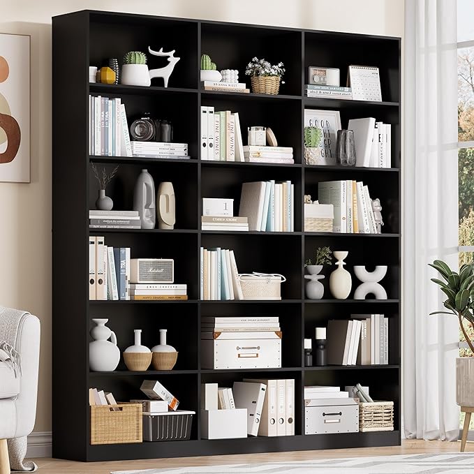 71.6” Tall Bookshelf, Black Bookcase with 18 Shelves, Triple Row Freestanding Display Storage Shelvesm, 6 Tier Wide Book Case for Bedroom Living Room Home Office