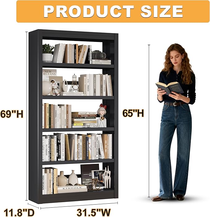 Bookshelf, 5 Tier Metal Bookshelf, 69" H Tall Bookcase with Adjustable Shelves, Large Industrial Bookshelfs for Living Rooms, Home Offices, Library, 10 Minutes Assemble