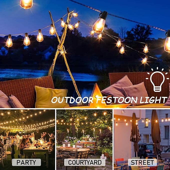 Abeja LED Outdoor String Lights, 50FT ST38 Patio String Lights with 25+2 Vintage Edison Bulbs, Retro Connectable Bistro Lights for Backyard Gazebo Balcony