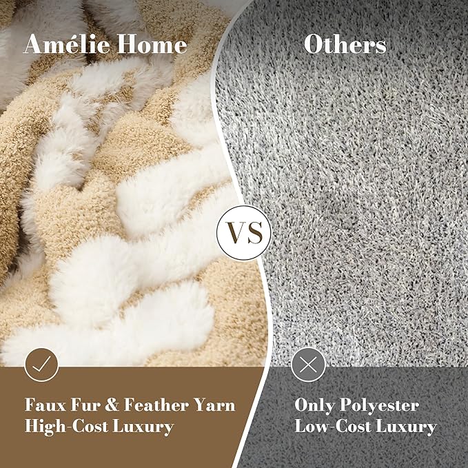 Amélie Home Cable Knit Throw Blanket for Couch, Bicolour Super Soft Cozy Fuzzy Plush Throws for Sofa, 50" x 60", Cable Beige &amp; White