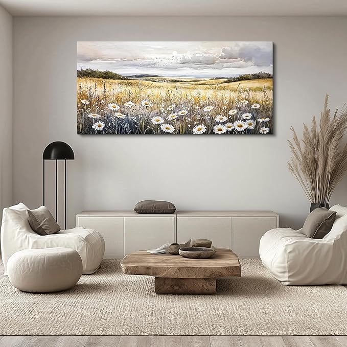 ZUITINGHUA Large Wall Decor For Living Room Canvas Wall Art For Office Modern Wall Decorations For Bedroom White Flower Landscape Painting Grassland Pictures Artwork Room Home Decor 24x48 In