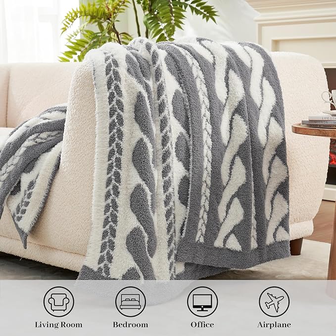 Amélie Home Cable Knit Throw Blanket for Couch, Bicolour Super Soft Cozy Fuzzy Plush Throws for Sofa, 50" x 60", Cable Gray &amp; White