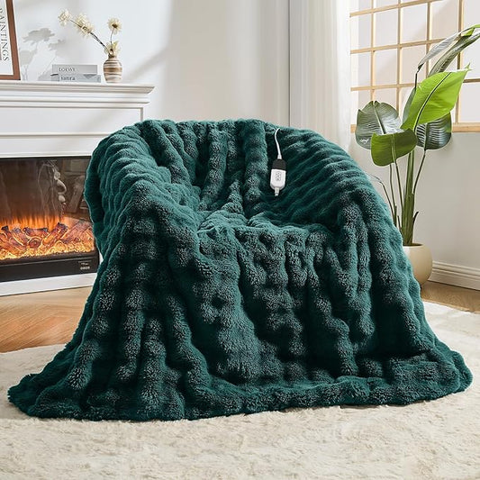 Heated Blanket Electric Throw Blanket 50''X 60''-Heating Blanket with 6 Heat Settings-4/10 Hours Auto Off,Cozy Faux Rabbit Fur Bubble Electric Blanket,Dark Green