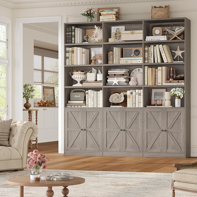 75" Triple Wide Bookshelf, Bookshelf and Bookcase with 6 Farmhouse Doors, 71" Wide 6 Tier Book Shelf with 18 Storage Shelves, Large Wooden Bookshelfs, Tall Bookcase for Home Office, Gray